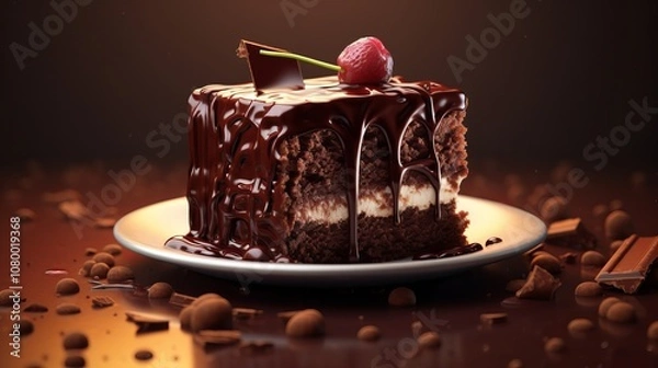 Fototapeta slice of chocolate cake with a cherry on top sits on a plate surrounded by chocolate pieces.
