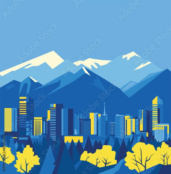 Obraz Stylization of a simple urban landscape of Almaty against the backdrop of mountains