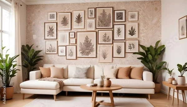 Fototapeta Scandinavian living room interior design zoom background,Doodle patterned wallpaper graphics
