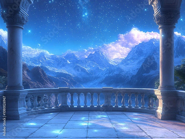 Obraz a majestic castle perched on a cliff with elegant fantasy balcony overlooking a breathtaking mountain landscape at night.