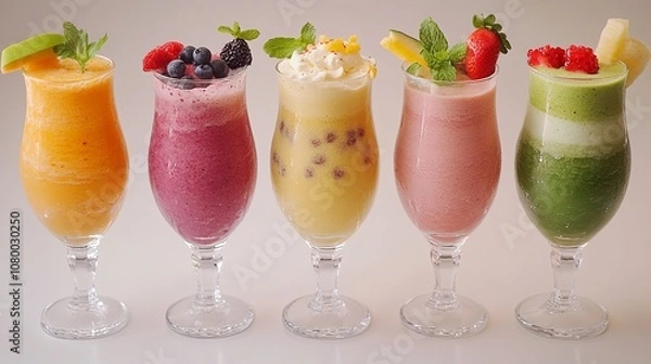 Fototapeta Colorful smoothies with fruits and vegetables in various glassware set on a light-colored background. 