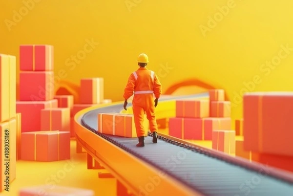 Fototapeta A man in an orange jumpsuit is walking down a conveyor belt with boxes