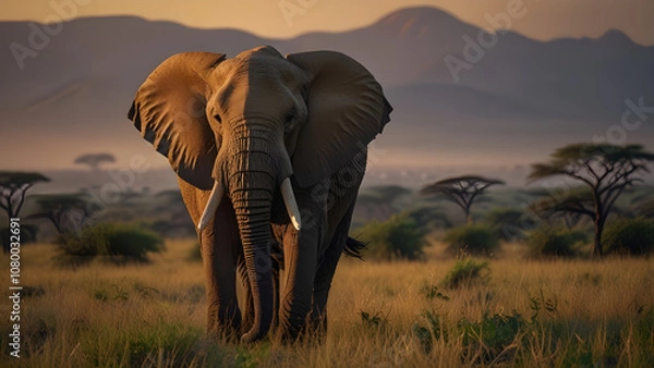 Obraz Majestic African Elephant in Grassy Savanna with Tusks at Golden Hour Captured in Ultra Realistic Wildlife Photography - Generated by AI.