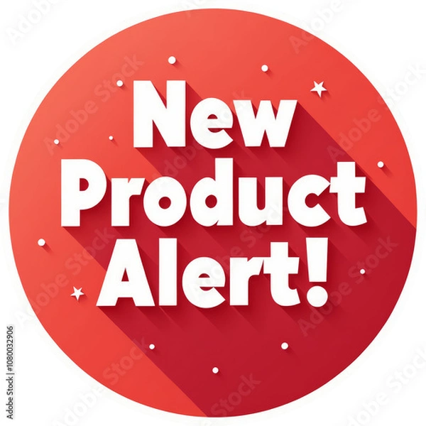 Obraz Festive holiday sticker announcing a "New Product Alert" promotion. Red circular design with white snowflakes and modern typography, perfect for seasonal discounts and winter sales.

