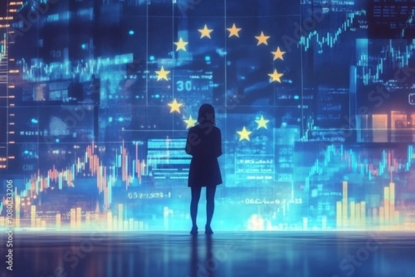 Fototapeta European Union economy and finance . a businessman standing in front of a digital trading platform, economic growth, stock market chart, investment trends global challenges and opportunities.	