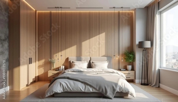 Fototapeta  Modern bedroom with minimalist design and large window