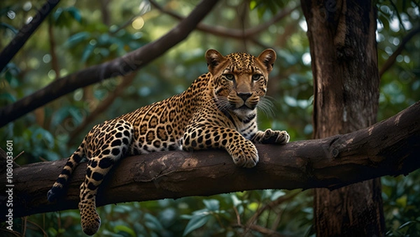 Obraz Leopard Resting on Jungle Tree Branch with Golden-Spotted Coat and Piercing Eyes in Late Afternoon - Generated by AI.