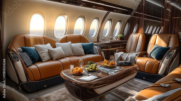 Fototapeta Luxurious private jet cabin interior featuring plush leather seating through large windows.