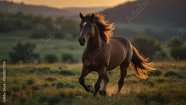 Obraz Majestic Horse Galloping Across Open Meadow with Flowing Mane at Sunset in Ultra Realistic Action Photography - Generated by AI