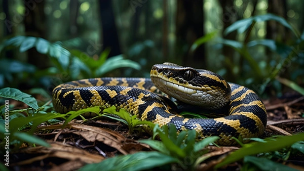 Obraz Python Slithering Through Lush Rainforest in Midday Light - Generated by AI.