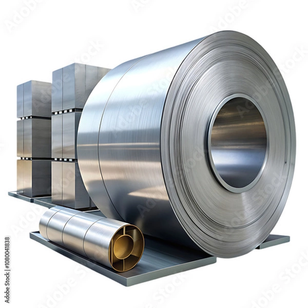 Obraz Rolls of rolled steel sheet isolated on white background Production delivery and storage of metal products