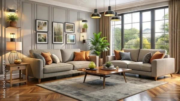 Obraz Transform your space with a contemporary living room set that offers a cozy sofa and sophisticated furniture layout, ideal for achieving modern interior elegance.