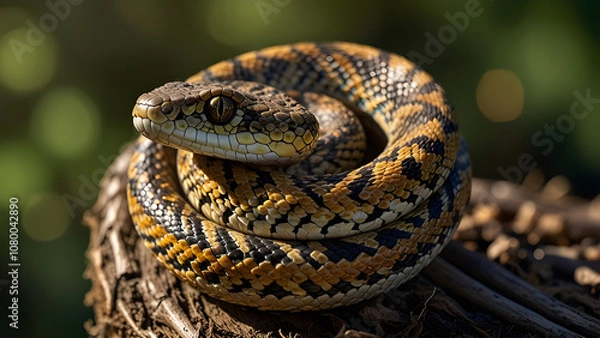 Obraz Camouflaged Viper Coiled on Sunlit Branch in Late Afternoon Light - Generated by AI.