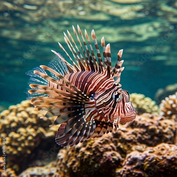 Fototapeta A Striking Lionfish Displaying Its Spiny Fins