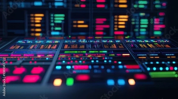 Fototapeta Colorful display panel with buttons and lights in a high-tech environment.