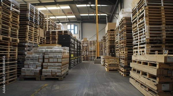 Fototapeta Modern warehouse with organized pallets  a showcase of efficiency, technology, and automation