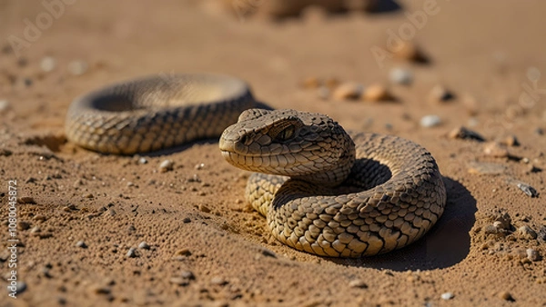 Obraz Deadly Sand Viper Camouflaged in Desert Habitat Under Midday Sun - Generated by AI.