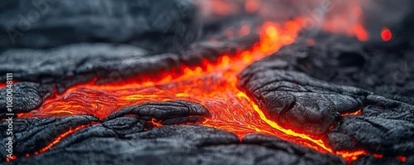 Obraz Flowing molten lava on dark volcanic rock, dramatic landscape, nature's raw power.