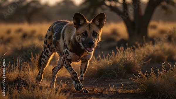 Obraz Agile Wild Dog Running Through African Savanna at Golden Hour - Generated by AI.