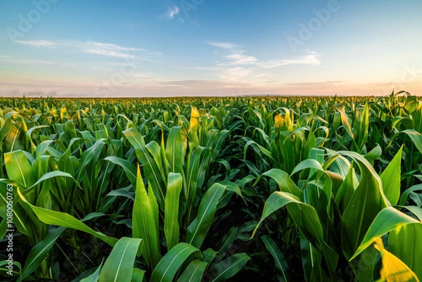 Fototapeta Vibrant cornfield basking in the warm glow of a sunset under a clear sky