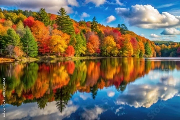 Fototapeta Lake Shaftsbury State Park offers a serene landscape where vibrant autumn foliage beautifully reflects on the tranquil waters, creating a stunning visual masterpiece in nature.