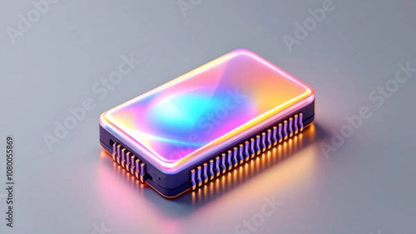 Fototapeta A closeup shot of a colorful, glowing microchip or processor on a grey background. The chip has a holographic finish and goldcolored pins, reflecting an abstract, futuristic design.