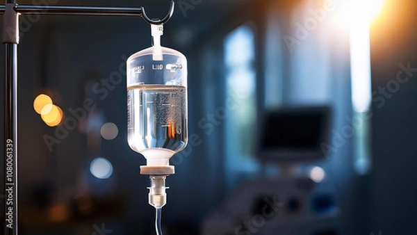 Fototapeta An intravenous drip with a solution hangs on a stand.