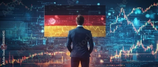 Fototapeta germany economy and finance . a businessman standing in front of a digital trading platform, economic growth, stock market chart, investment trends global challenges and opportunities.	
