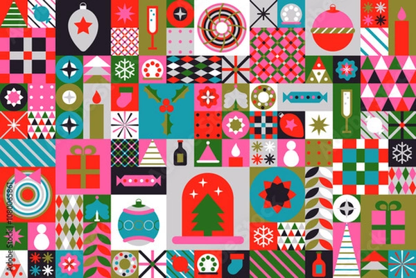 Fototapeta Christmas symbols. Merry Christmas. Christmas abstract vector background with simple shapes, Santa Claus, holiday symbol, festive food. Creative modern art. Bauhaus style poster with Merry Christmas