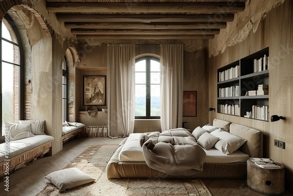 Fototapeta modern Luxury Rustic Italian-inspired bedroom with natural materials and warm tones