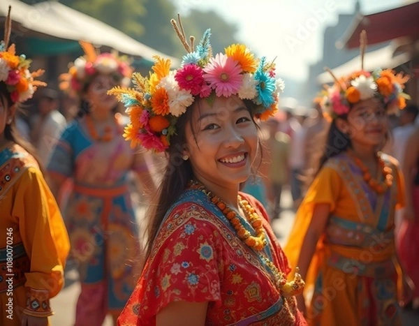 Obraz Joyful young woman in vibrant traditional attire adorned with a colorful flower crown, participating in a cultural parade. Surrounded by people in festive costumes under a bright, sunny sky