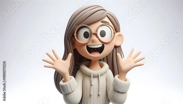 Fototapeta Long Shot of 3D Claymation Girl Character with Glasses - Happily Surprised Gesture, Isolated on White