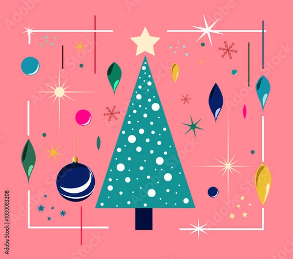 Fototapeta Christmas tree on postcard with different colorful elements and christmas toys on bright pink background
