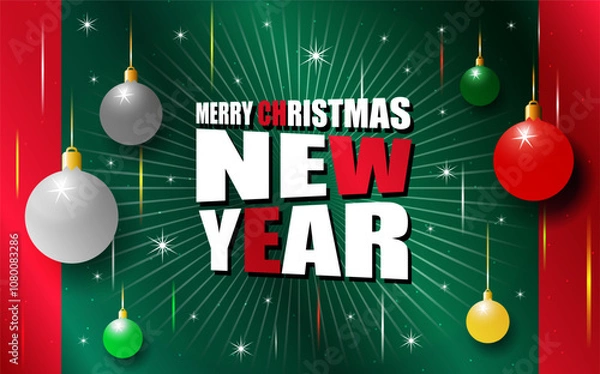 Fototapeta New year postcard with different elements and colorful christmas toys on green background