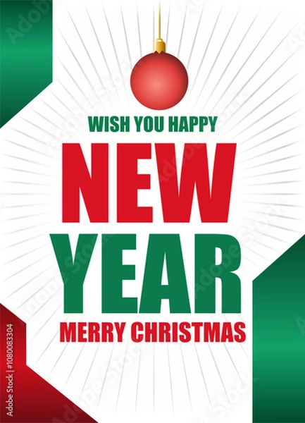 Fototapeta Vertical new year postcard on white background with red and green elements