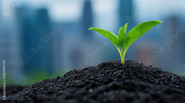 Fototapeta Clean technology innovations for reducing environmental footprint, A vibrant green seedling emerges from dark soil against a blurred city skyline, symbolizing growth and resilience in nature.