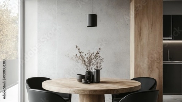 Obraz A modern dining table with a black metal base and wooden top, surrounded by sleek chairs