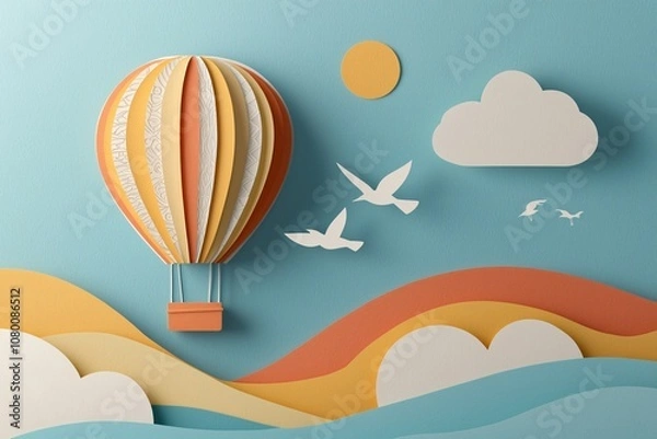 Fototapeta A playful paper-cut illustration of a hot air balloon, clouds, and birds, set against a vibrant landscape with layered hills under a bright sun.