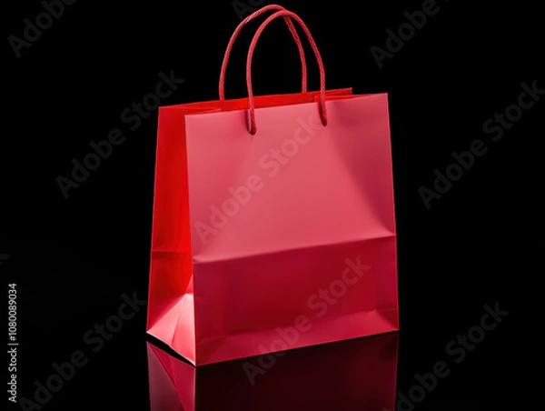 Fototapeta Red paper shopping bag with handles isolated on a black background