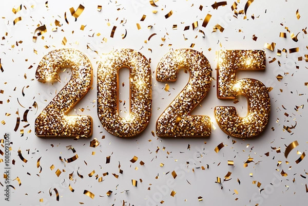 Fototapeta Elegant gold typography for 2025  with confetti falling 