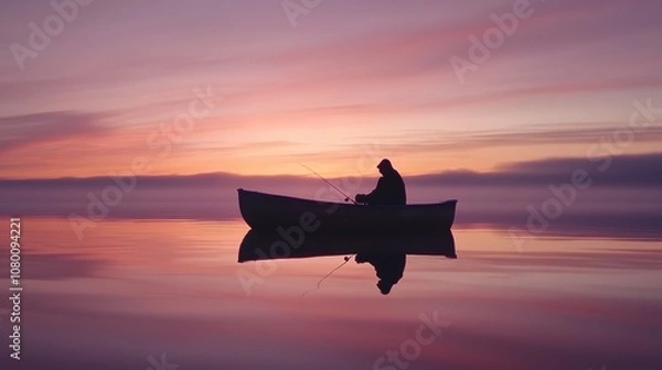Fototapeta A silhouette of a person in a canoe on calm water at sunset, with vibrant hues reflecting on the surface, creating a serene atmosphere.