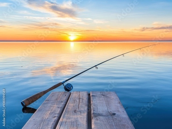 Fototapeta A serene sunset view over calm waters with a fishing rod resting on a wooden dock, creating a tranquil atmosphere.
