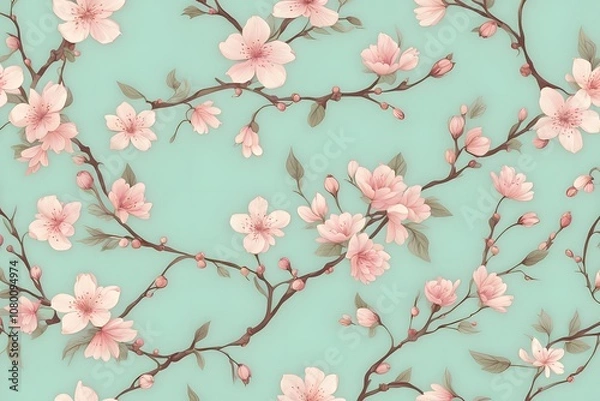 Fototapeta Elegant seamless pattern with cherry blossoms and vines in soft shades of pink and cream on a light, Ai Generated 