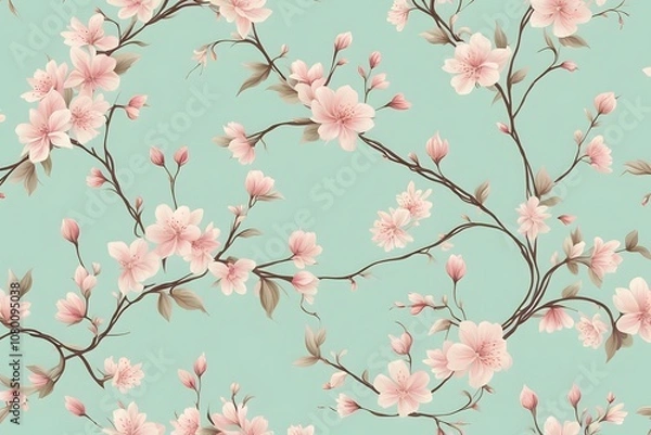 Fototapeta Elegant seamless pattern with cherry blossoms and vines in soft shades of pink and cream on a light, Ai Generated 