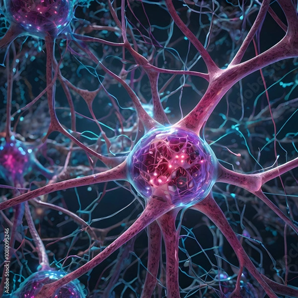 Fototapeta a futuristic neuron network inside the human brain, where vibrant blue, purple, and pink neurons