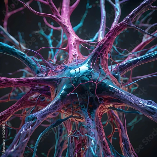 Fototapeta a futuristic neuron network inside the human brain, where vibrant blue, purple, and pink neurons