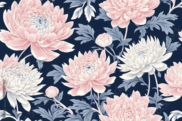 Fototapeta Japanese inspired peony and chrysanthemum pattern in soft pink white and navy blue, Ai Generated