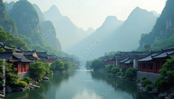 Fototapeta  Tranquil village nestled amidst natures embrace