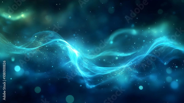 Fototapeta Abstract Blue Background with Wavy Lines and Glowing Particles