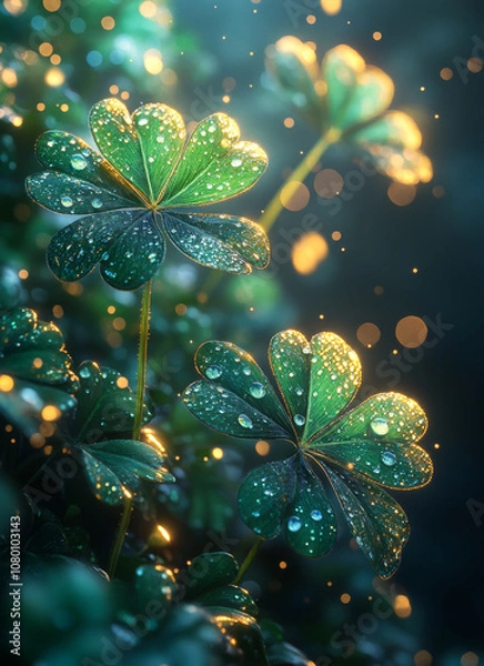 Fototapeta Vibrant clover leaves glistening with morning dew. Clover leaves adorned with droplets sparkle in soft morning light, creating a tranquil and refreshing atmosphere.